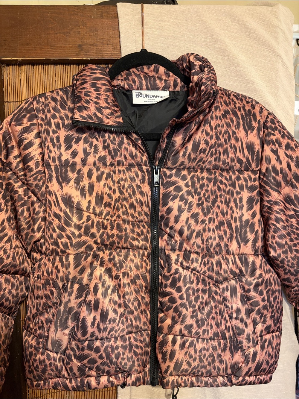 No Boundaries Pink Leopard-Print Puffer Jacket